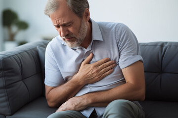 Middle-aged man with pain holding hand to chest. Concept for heartache or cardiac arrest