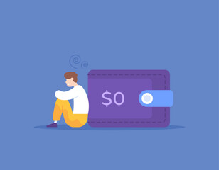 a man is sitting and gloomy or sad because he has run out of money. don't have money. the balance in the wallet or account is empty. 0 dollars. illustration concept design. graphic elements. vector
