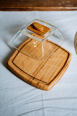 Wooden oiler with transparent glass lid, handicraft, handmade.