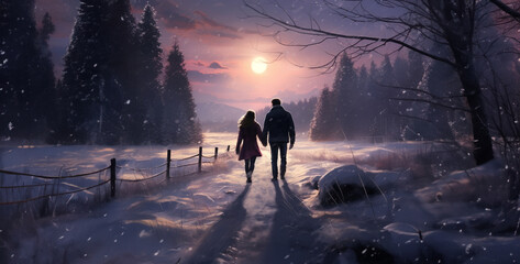 a couple walking hand in hand through a snowy landscape, winter forest fire