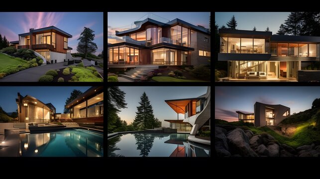 3D rendering of modern cozy chalet with pool and parking for sale or rent. Cool summer night with many stars on the sky. Collage made of photos.