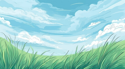 Obraz na płótnie Canvas drawn landscape with green grass and blue sky, natural background, digital illustration, travel, field, clouds, empty space for text, wallpaper, summer, harmony, peace, art, blank, beauty, abstract
