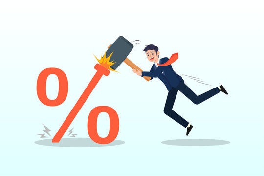 Businessman FED leader using hammer to nailed percentage sign to the floor, Federal Reserve low interest rate or central bank with long time zero percent interest rate until economic recover (Vector)