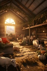 Horse farm with hay in a stable. 3d rendering.