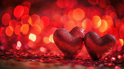 Valentines day background with red hearts on bokeh background
