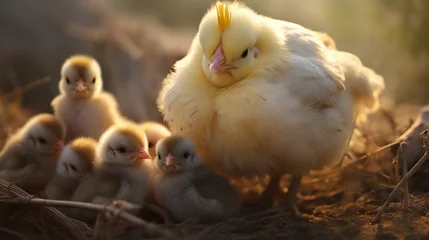 Foto auf Leinwand mother hen chicken with cute tiny baby chicks   © Malaika