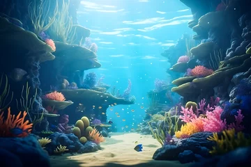 Badezimmer Foto Rückwand magical underwater world with fish and coral reefs,  3d illustration, generated ai © Виталий Сова