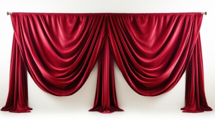 Red curtains isolated on white background. 3d rendering. Clipping path included.
