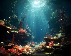 Underwater view of the coral reef. 3d render illustration.