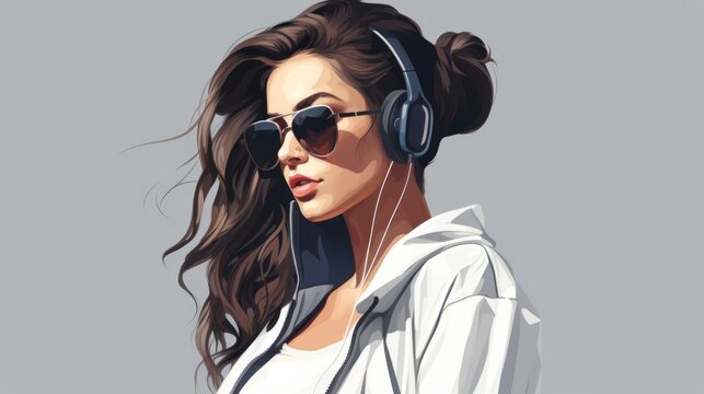 A painting of a woman wearing headphones and sunglasses