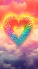 A rainbow colored heart shaped cloud in the sky