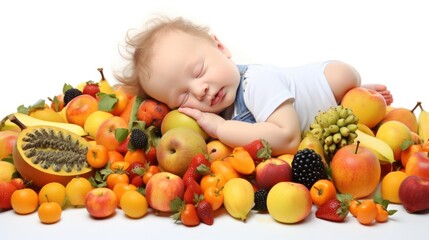 Fototapeta na wymiar A baby sleeping on top of a pile of fruit