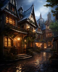 Old town at night - 3D render, 3D illustration.