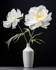 White peony flowers in a vase on a black background.