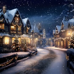 Winter night in the village. Christmas and New Year's background.
