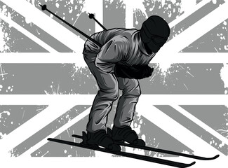 monochromatic illustration of Skier with british flag