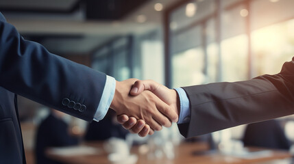 Business handshake between men in office on blur background. Agreement handshake