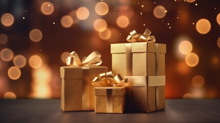 Golden present box on blur background. Present box with blur