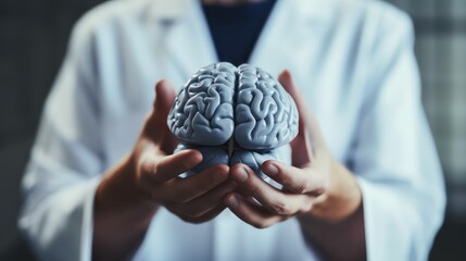 A neurosurgeon holding a brain with copy space - obrazy, fototapety, plakaty