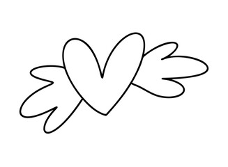 Hand drawn love heart with wings vector logo line illustration. Black outline. Element Monoline for Valentine Day banner, poster, greeting card