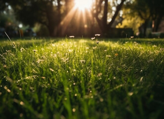 Green grass and sun. Fresh green garden lawn in spring with bright boketh of blurred spring sun rays in the background 