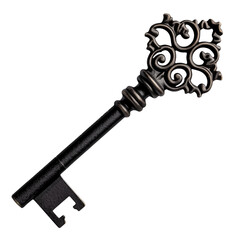 An black key is cut out on a transparent background close-up. Key for opening the front doors of the house. To be inserted into a design or project.
