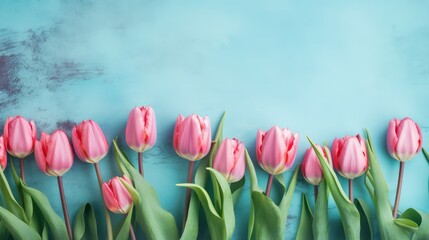 Border of beautiful pink tulips on blue shabby wallpaper background - obrazy, fototapety, plakaty