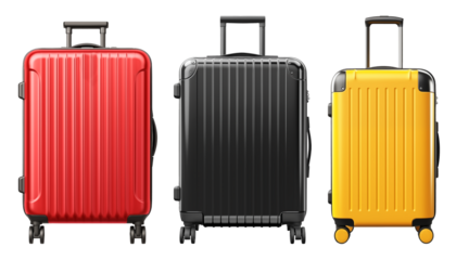 Set of multicolored suitcases is cut out on a transparent or white background. Travel and dreams concept. A design element to be inserted into a design or project.