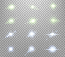 Green and blue lens flares set. Isolated on transparent background. Sun flash with rays or spotlight and bokeh. Glow flare light effect. Vector illustration.