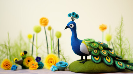 Pavão azul feito de feltro no campo com flores - Ilustração fofa