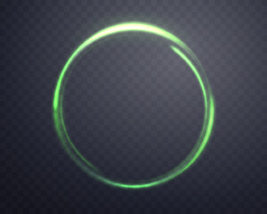 Green magic ring with glowing. Neon realistic energy flare halo ring. Abstract light effect on a dark transparent background. Vector illustration.