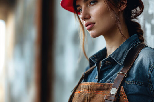 A Contemplative Woman In A Hard Hat And Plaid Shirt At A Construction Site.