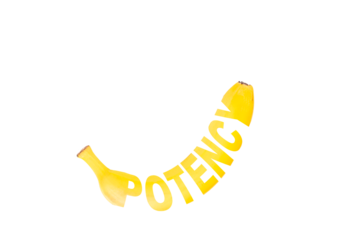 Potency, creative text on juicy ripe banana. Transparent background. PNG