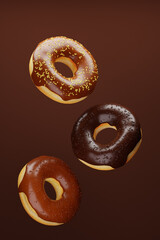 Flying multicolored doughnuts with sprinkles on brown background. 3d render