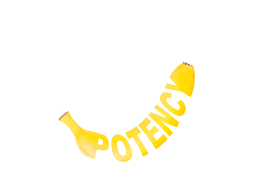 Potency, creative text on juicy ripe banana. Transparent background. PNG