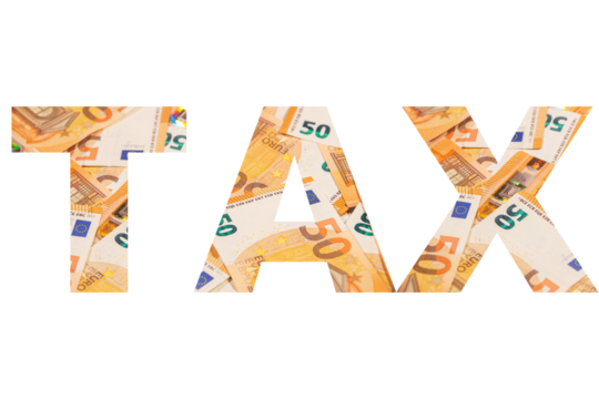 TAX, the word is written in creative text on a background of paper money. Transparent background. PNG
