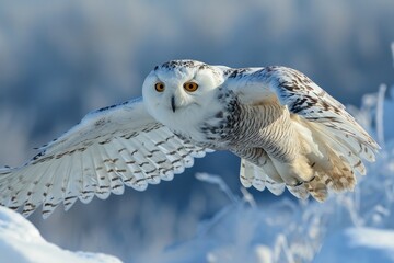 A snowy owl in flight against a winter landscape, generated with AI