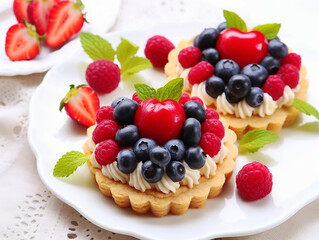 Delicious sweet tartlets with cream and fresh strawberries, raspberries, blackberries, blueberries and mint leaves