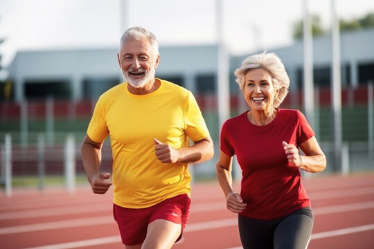 Healthy lifestyle. Elderly happy couple actively jogging in the open air on a stadium running track, enjoying partner workout together at early morning. Active aging concept