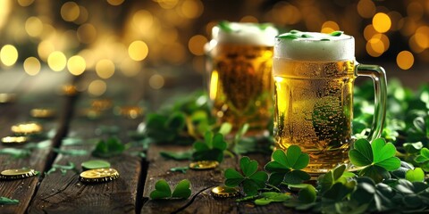 Saint Patrick's day with Irish bar banner with pint of beer with clover on top, generated with AI - obrazy, fototapety, plakaty