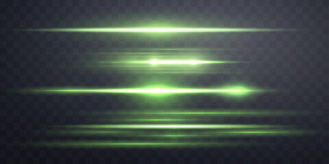 Green horizontal lensflare set. Isolated on transparent background. Sun flash with rays spotlight and bokeh. Green glow flare light effect. Vector illustration.
