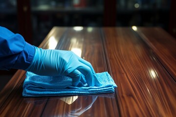 Blue gloved hand caresses the table, ensuring pristine cleanliness - obrazy, fototapety, plakaty