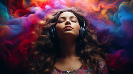 Fototapeta premium Beautiful girl in headphones on colored smoke background. Generative AI