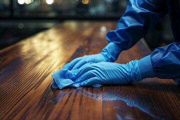 Blue gloved hand caresses the table, ensuring pristine cleanliness - obrazy, fototapety, plakaty