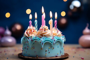 Burning candle atop a birthday cake, against a lively background - obrazy, fototapety, plakaty
