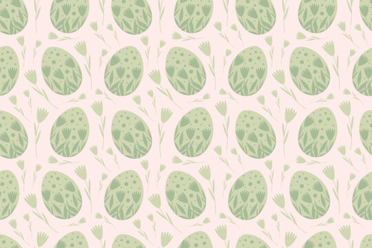 Seamless Easter pattern. Green eggs, plants, flowers on a light pink background. Pastel colors, spring mood. Modern vector illustration for holiday design