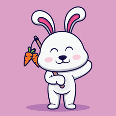 Cute Rabbit Holding Stick With Carrot Vector Cartoon Illustration