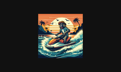 monkey playing jet ski on beach vector artwork design