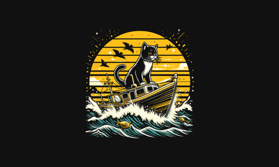 cat riding boat on sea night vector illustration artwork design