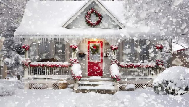 Winter wonderland on porch of small house with Christmas wreath.